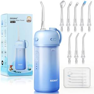 PERSMAX Water Flosser for Orthodontics Teeth Cleaning - Portable Electric Oral Irrigator Pick for Braces, Travel, Kids, with 3 Modes 8 Pressure Settings, 8 Tips, 150ML, IPX7, Gradient Blue