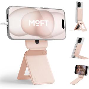MOFT Phone Tripod Stand Selfie Stick for iPhone, Multi-Angles iPhone Stand, Lightweight & Portable Phone Holder, Strong Magnets, MOVAS Vegan Leather, Travel Essentials, Peach Pink (Without Card Slot)