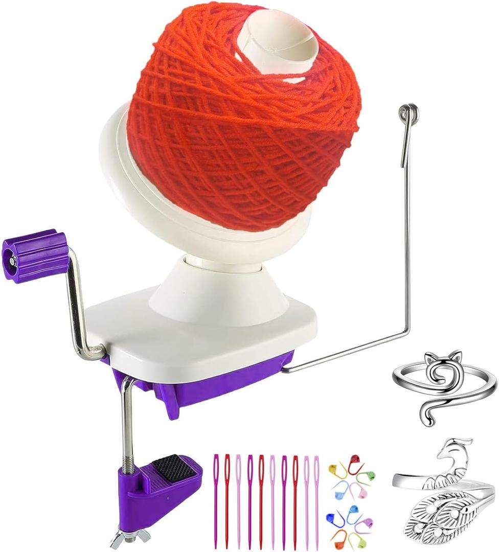 Yarn Ball Winder, Hand Purple Ball Winders for Yarn, Yarn Winder with Easy Installation for Yarn Storage +2PCS Adjustable Knitting Loop Crochet+10 PCS Stitch Knitting Needles +10 PCS Plastic Needles