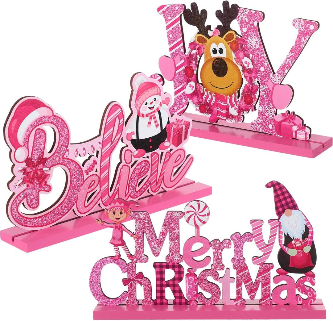 Blulu 3 Pcs Christmas Decorations Indoor Centerpieces for Tables Tabletop Wooden Signs Farmhouse Centerpieces Xmas Snowman Santa Claus Gnome Signs Merry Christmas for Xmas Holiday Party Decor(Pink)