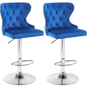 Set of 2 Adjustable Swivel Bar Stools,Velvet Upholstered Counter Height Chairs with Nailhead Trim, Silver Footrest, and High Back for Kitchen Island, Home Bar, Dining Room, Cafe, Blue