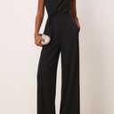 SheKiss Casual Elegant Jumpsuits For Women Dressy 2026 One Piece Short Sleeve Rompers Wide Leg Formal Business Outfits (Black, L)