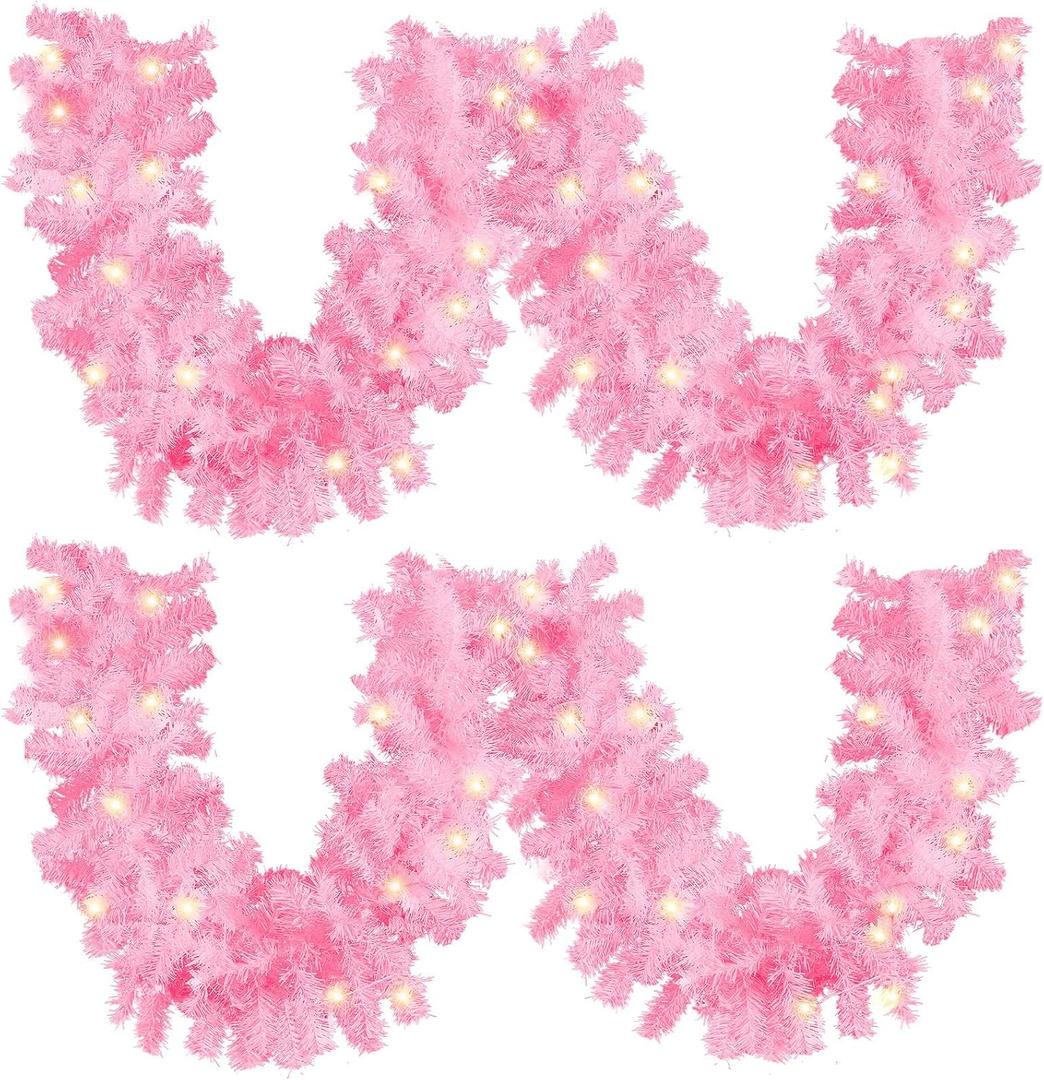 Hotop 9 ft Faux Spruce Artificial Valentine's Day Garland LED Garland Warm Pine Prelit Battery Operated Lighted Decor for Seasonal Indoor Home Fireplace Mantle Tree Stair(2 Pcs,Light Pink)