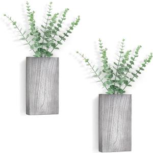 Dahey 2 PCS Wall Planter Vase with Fake Plants for Farmhouse Wall Art Decor | Lightweight Wood, Realistic Artificial Eucalyptus, Cute Hanging Decor for Bathroom Living Room Bedroom Entryway Office, Grey