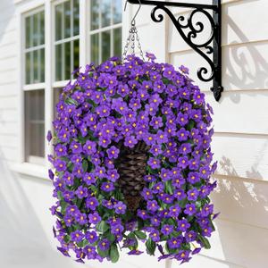 Artificial Fake Outdoor Hanging Flowers Plants Basket for Outside Porch Decoration, Fake Silk Purple Daisy Flower UV Resistant Look Real Orchid Traing Vines for Home Balcony Yard Patio Garden Decor