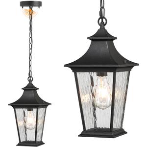 16.4 Inch Black Hanging Porch Lights Outdoor Waterproof Aluminum Outdoor Pendant Light Dusk to Dawn Exterior Hanging Light Fixture for Gazebo E26 Socket