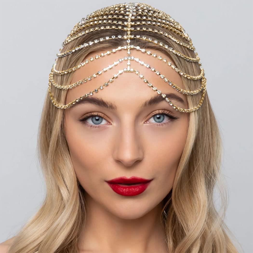 CAKURE 1920s Crystal Cap Headpiece Flapper Cap Head Jewelry Roaring 20s Hair Chain Headpiece Rhinestone Head Chain Jewelry Art Deco Party Hair Accesories for Women (a-Gold, One size)