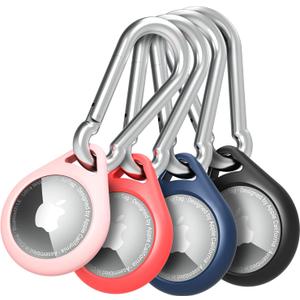 Vena Protective Silicone Case Compatible with Apple Airtag (4 Packs), Anti-Rust Aluminum Alloy Carabiner Perfect for Keychain, Pet Collar, Backpack, Luggage (Black, Red, Blue & Pink)