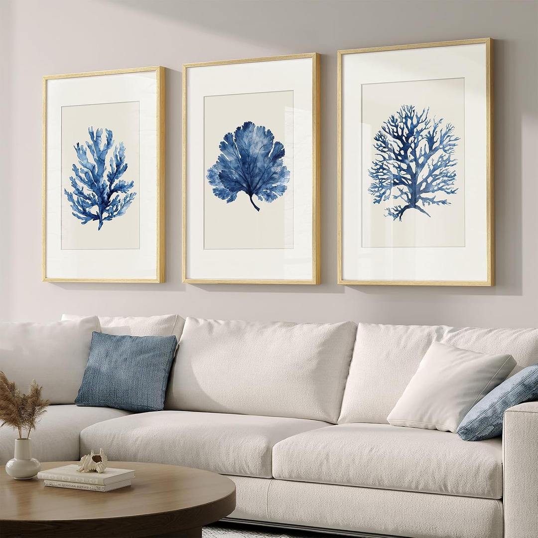 Framed Coastal Coral Watercolor Wall Art for Living Room, Large 3 Piece Navy Blue Coral Artwork for Walls, Minimalist Ocean Beach Marine Plants Pictures Prints for Bedroom Hallway Wall Decor, 20x30 In, 20" W x 30" H x 3Pcs