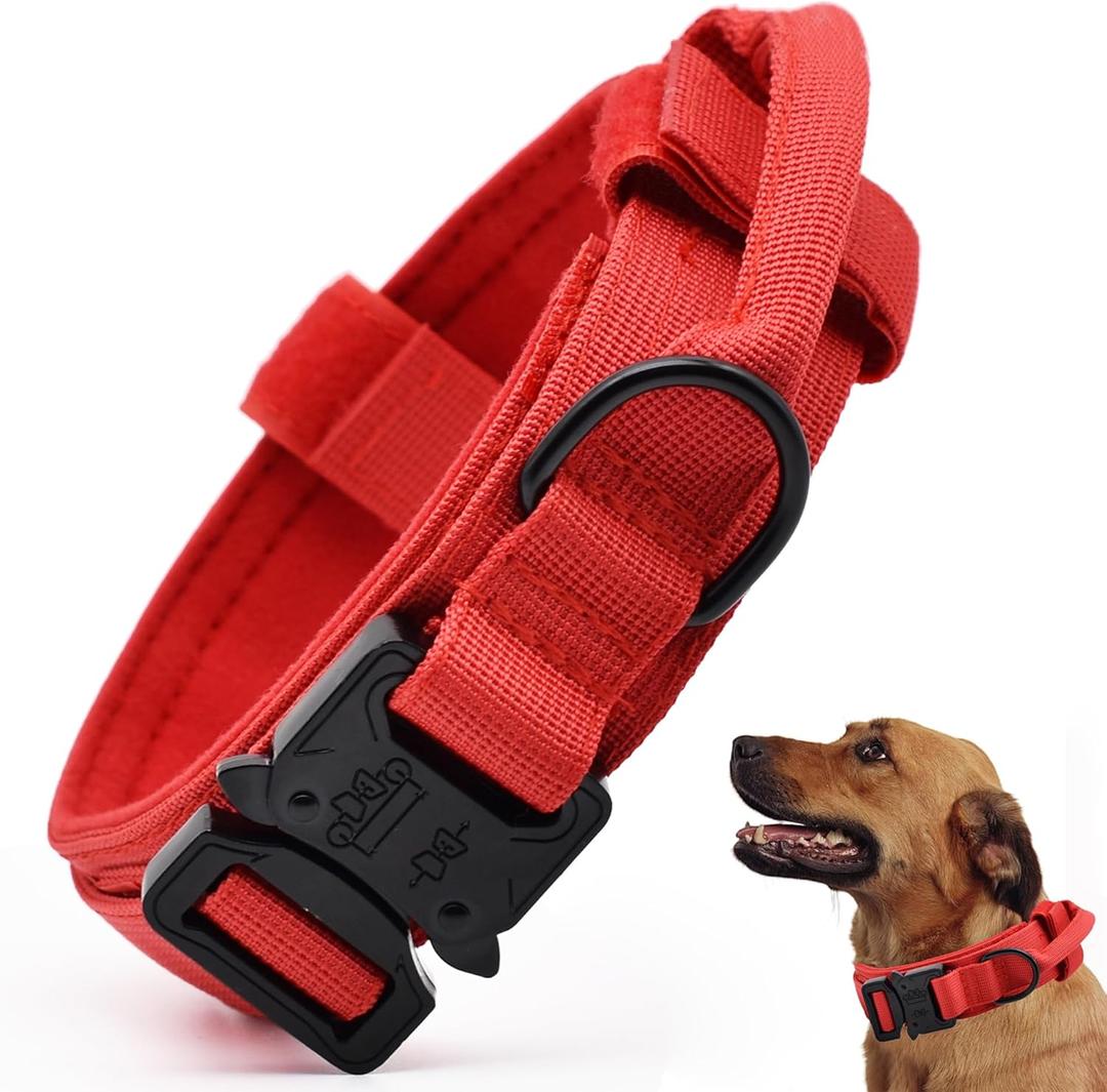 Tactical Dog Collar, Adjustable Military Training Nylon Dog Collar with Control Handle and Heavy Quick-Release Metal Buckle for Small Medium Large Dogs, Red L (Large :Width 1.5",Neck 17-20.5")