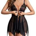 Avidlove Womens Lingerie Lace Babydoll Sexy Chemise Nightwear Teddy V Neck Sleepwear Boudoir Outfits Black Large