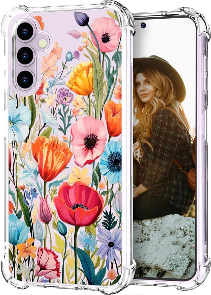 Hungo Compatible for Samsung Galaxy S23+ Plus Case, Thin Slim Cute Girly Skin Cases Protector with Airbag Bumper for Women Girls (Clear Blooming Wild Flowers)