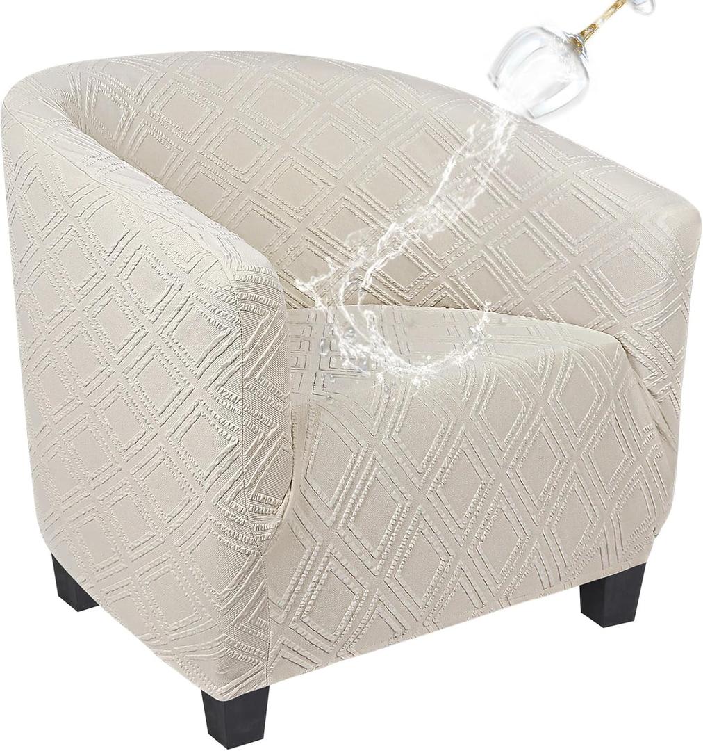 SearchI Waterproof Club Chair Slipcover Stretch Barrel Chair Covers Jacquard Tub Chair Slipcovers Spandex Armchair Sofa Cover Removable Couch Furniture Protector Arm Chair Cover for Living RoomBeige