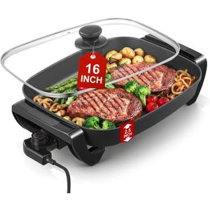 FOHERE 16-Inch Electric Skillet with Glass Cover, 1500W Rapid Heat, Adjustable Temperature, Multi-Purpose Electric Skillet Fried Chicken, Perfect For Family Gathering Cooking