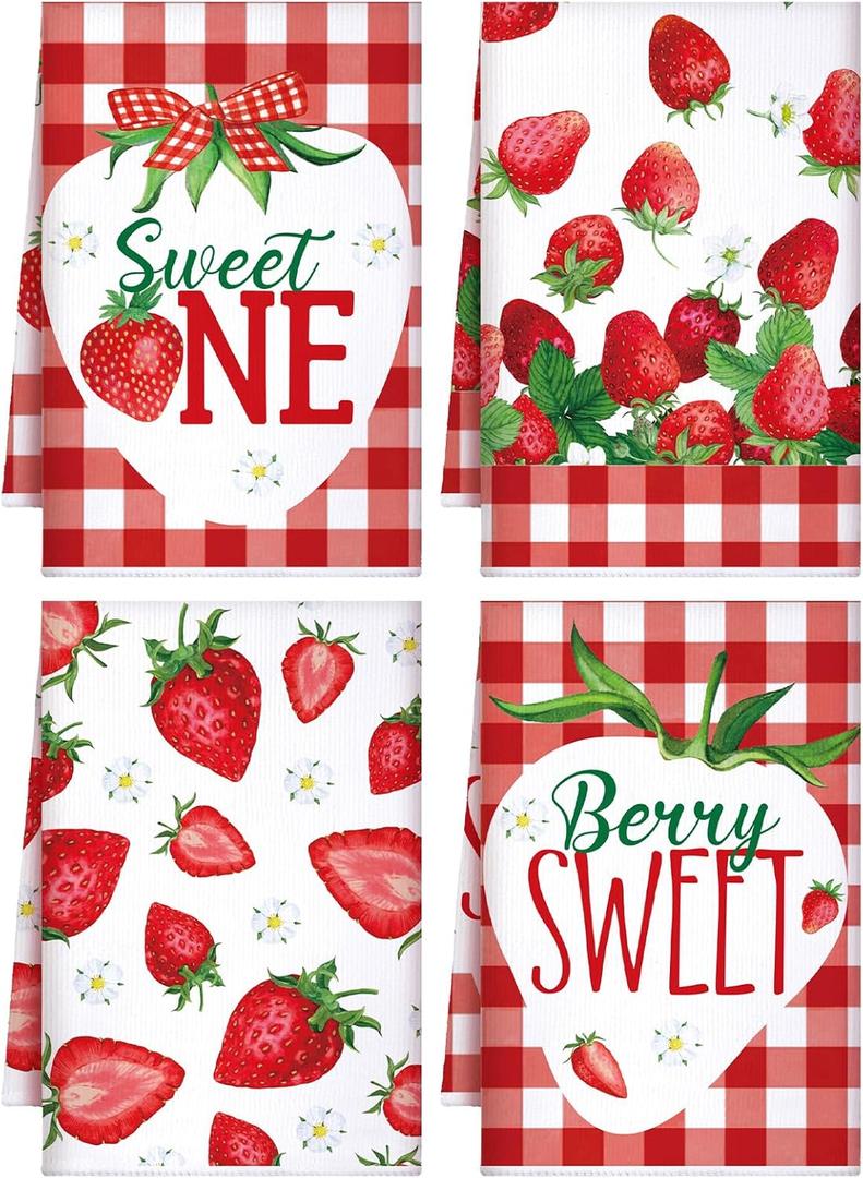 Bencailor 4 Pcs Strawberry Kitchen Towels Summer Berry Hand Dish Towels Absorbent White Red Grid Tea Towel Fast Drying Housewarming Gift for Kitchen Bathroom Holiday Summer Strawberry Party Decor