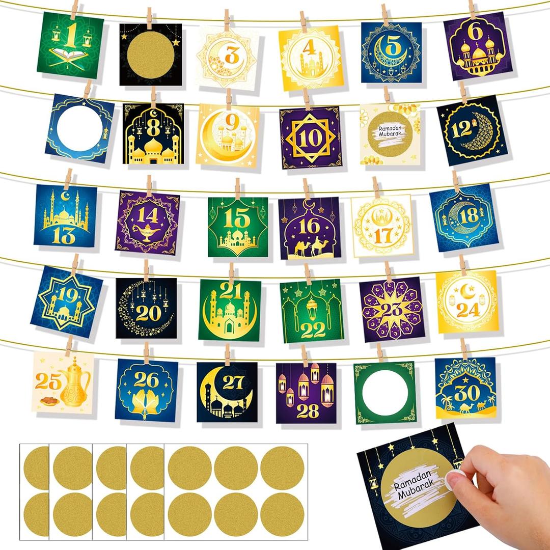 HOWAF 30pcs Eid Mubarak Advent Calendar Countdown DIY Scratch Off Cards & Stickers with Clips, Happy Eid Make Yourself Scratch Cards for Family Friends Kids, Happy Eid Countdown Gift Cards