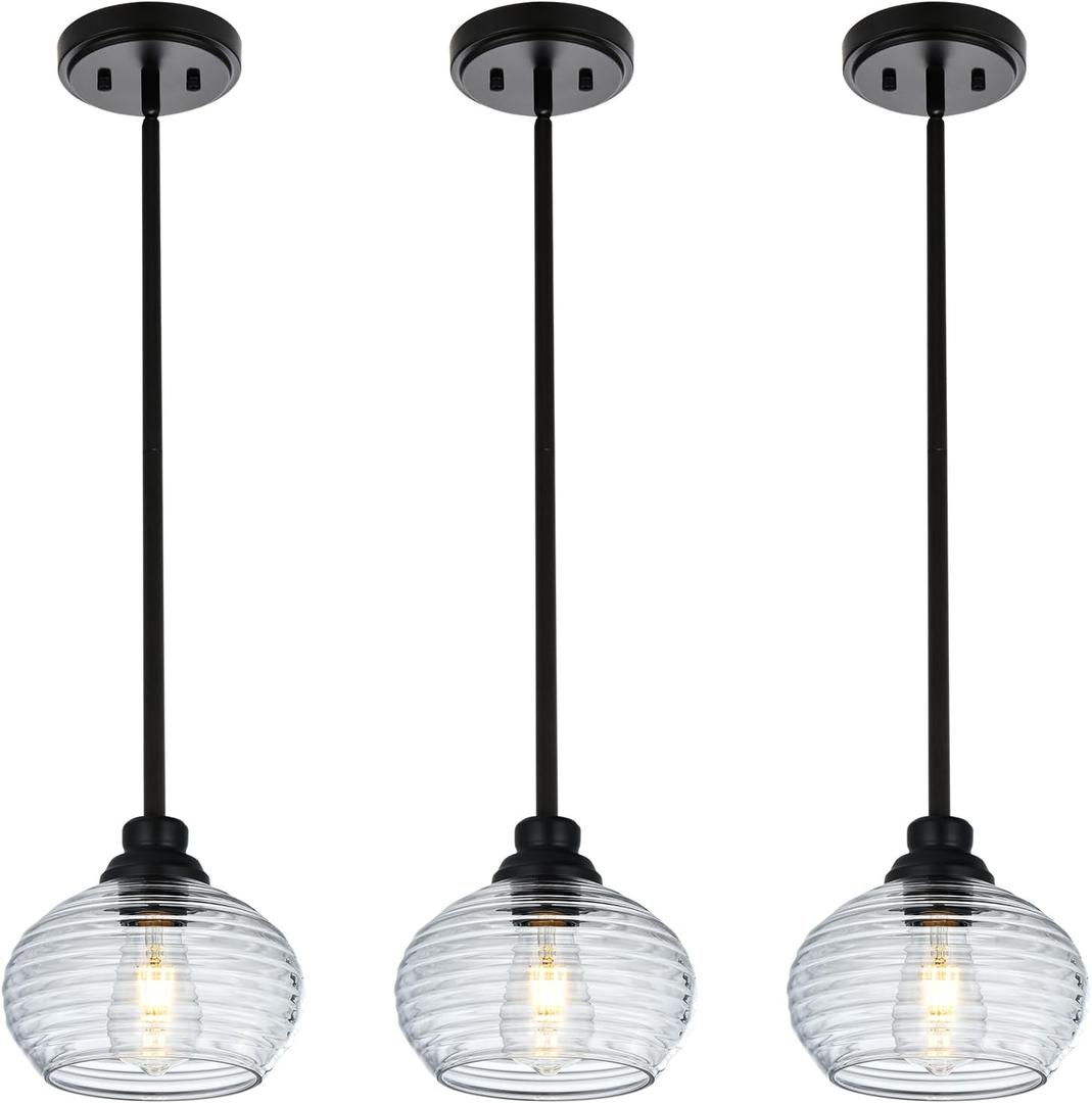 MELUCEE 3 Pack Pendant Lights Kitchen Island with Clear Water Ripple Glass, Modern Mini Chandeliers 1-Light Hanging Ceiling Light for Dining Room Bedroom Hallway, Adjustable Height