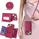 for iPhone 14 Case with Card Holder and Strap for Women,Crossbody Lanyard, Make Up Mirror,Ring Stand,Snap Clasp,Cute Phone Wallet Cases 6.1 inch - Rose red