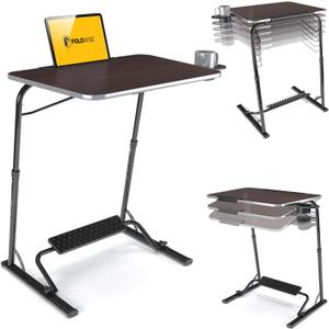 FoldWise Upgraded Folding TV Tray Table - Extra Large & Sturdy Laptop Table for Couch, Height & Angle Adjustable Desk for Dinner, Work & TV - Includes Footrest, Cup Holder, iPad Holder & Edge Stopper ((Black) - Dark Wood Mahogany)