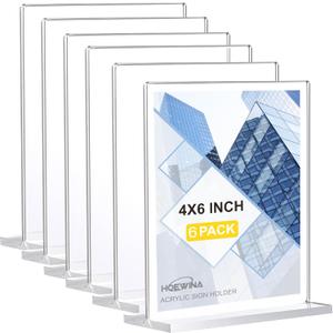 Acrylic Sign Stands 4 x 6 Inch 6 Pack - Clear Display Sign Holders, Vertical Double-Sided Acrylic Frame, Flyer Paper Holder for Store, Vendor Booth & Home & Restaurants & Office