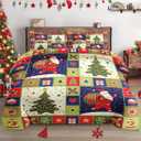 Full Size Comforter Set with 2 Pillowcases, Vintage Christmas Santa Claus Tree Soft 3 Pcs Bedding for Kids and Adults Bedroom Bed Decor