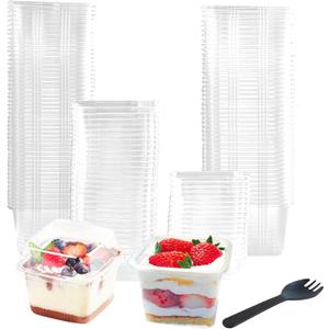 100 Pack 8OZ Plastic 50Pcs Square Dessert Cups with Lids and 50Pcs Spoons,Square Ice Cream Container with Forks, Disposable Parfait Cups for Mousse Cupcake Pudding Snacks Yogurt Parfait Fruits50Sets