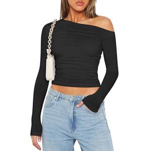 Zeagoo Womens Long Sleeve Off The Shoulder Casual Crop Tops Boat Neck Going Out Slim Fit Winter T Shirts 2024 Black