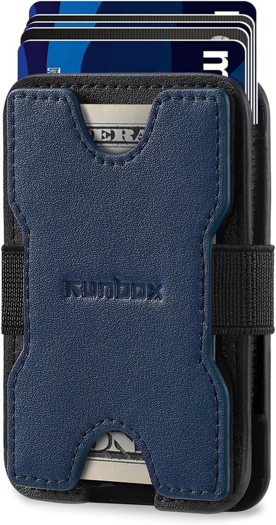 RUNBOX Leather card Holder Wallet for Men and Women, Holds 8+ Cards Plus Cash, RFID Blocking Mens Wallet with Stretchable Cash Band, Massive Capacity Wallet for Front Pocket, Perfect Gifts for Men (05- Black & Blue)