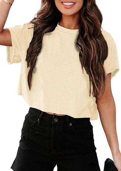 UNCLECAT Women's Cropped T Shirts Trendy Short Sleeve Crew Neck Crop Tops Solid Basic Tee, Large, Beig