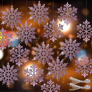 RECUTMS 40 Pieces Pink Christmas Glitter Snowflake Ornaments Hanging Snowflake Christmas Tree Decorations for Christmas Party and Home Decor,4 Inches,2 Pattern (Pink)