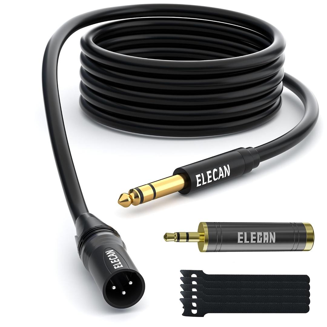 Elecan 6.35mm (1/4 Inch) TRS Male to XLR Male Cable 50 Ft, Balanced Professional Shielded Stereo Microphone Cable Cord, Gold Plated for Mixer AMP Speaker Amplifier with 6.35 to 3.5mm Adapter+Ties
