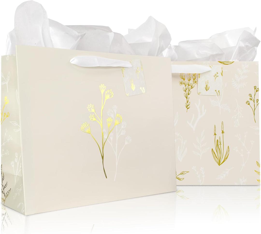 Beautiful Gift Bags Set of 2 - Large 13" Bags with Handles incl. Matching Tissue Paper, Cards & Stickers - Reusable and Perfect For Presents of Any Birthday, Weddings, Mothers Day & Special Occasion (Beige)