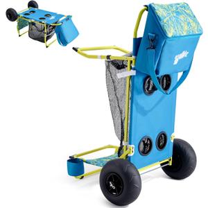 2-in-1 Beach Cart with Big Balloon Wheels for Sand, Folding Utility Wagon with Chair Holder, Cooler Bag, Mesh Storage, 4 Cup Holders, Umbrella Rack, Supports 100 lbs, Ideal for Beach, Camping, Picnic