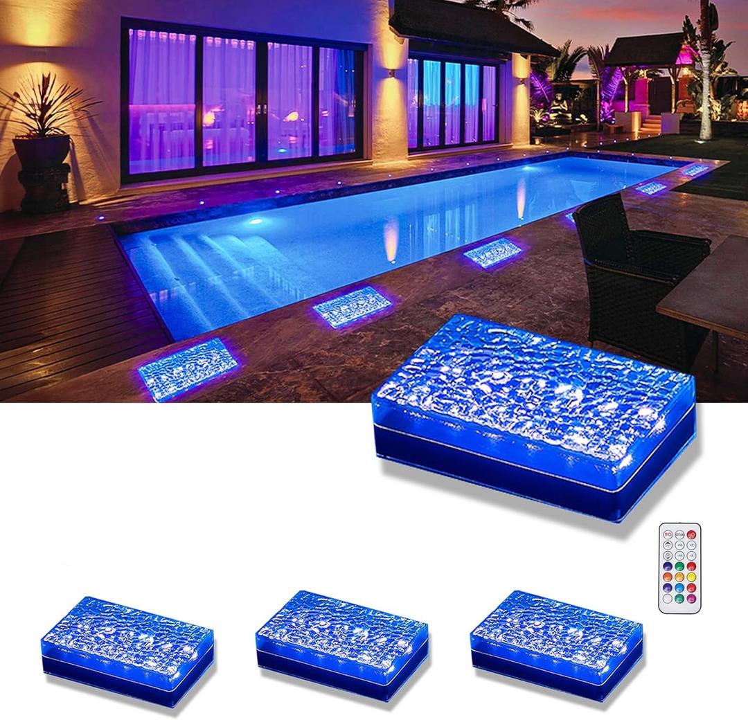 Solar Paver Color Changing Lights, 6x9 Recessed Brick Light, Heavy Duty IP67 Waterproof LED, Outdoor Lighting for Ground, Pool, Garden, Driveway (RGBW, 3 Pack) 