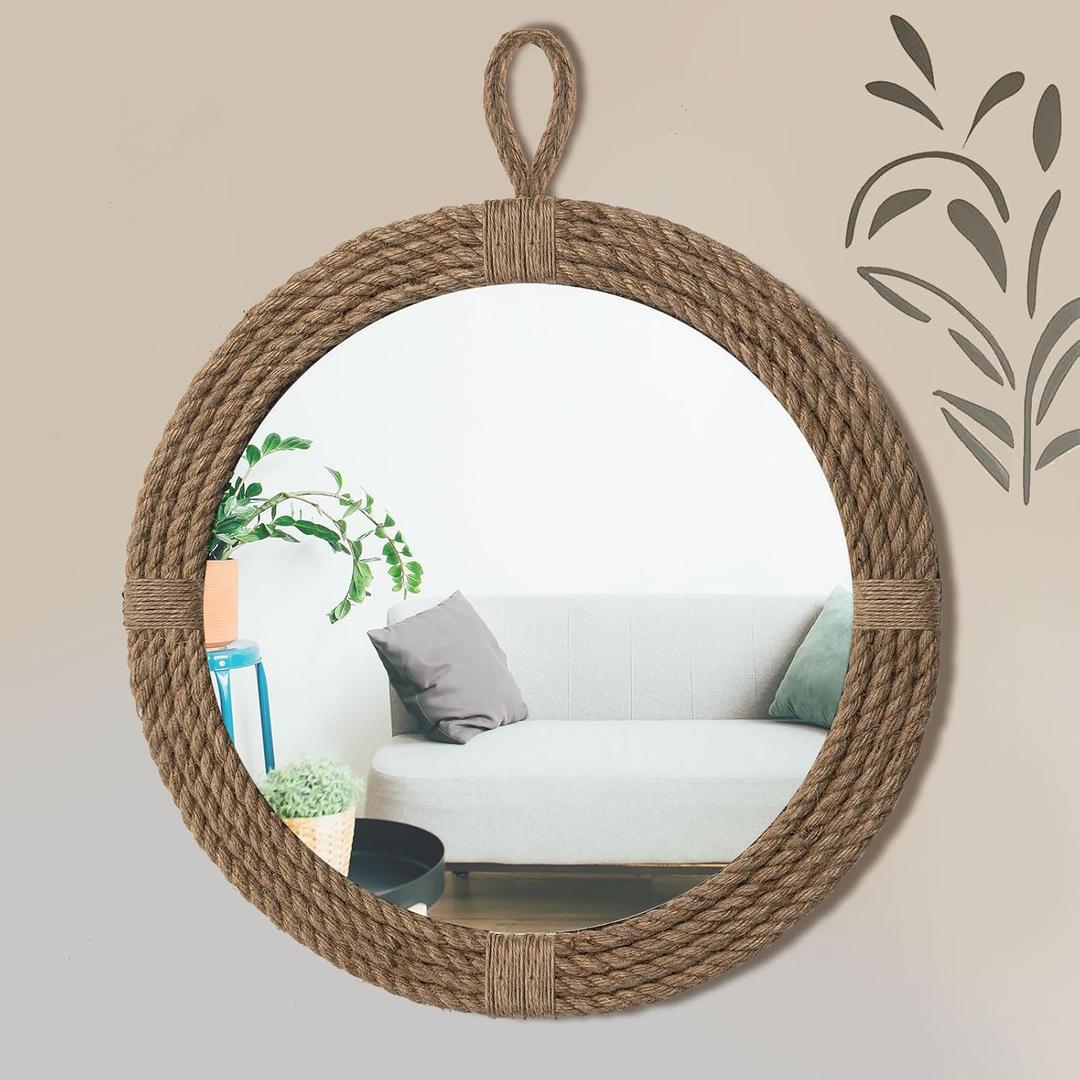 Vercraft Nautical Mirror 20" Wall Decor with Rope Wrapped Trim and Hanging Loop Round Circle Coastal Boho Mirror Nautical Rustic Decorative for The Living Room, Bedroom Bathroom and Entryway