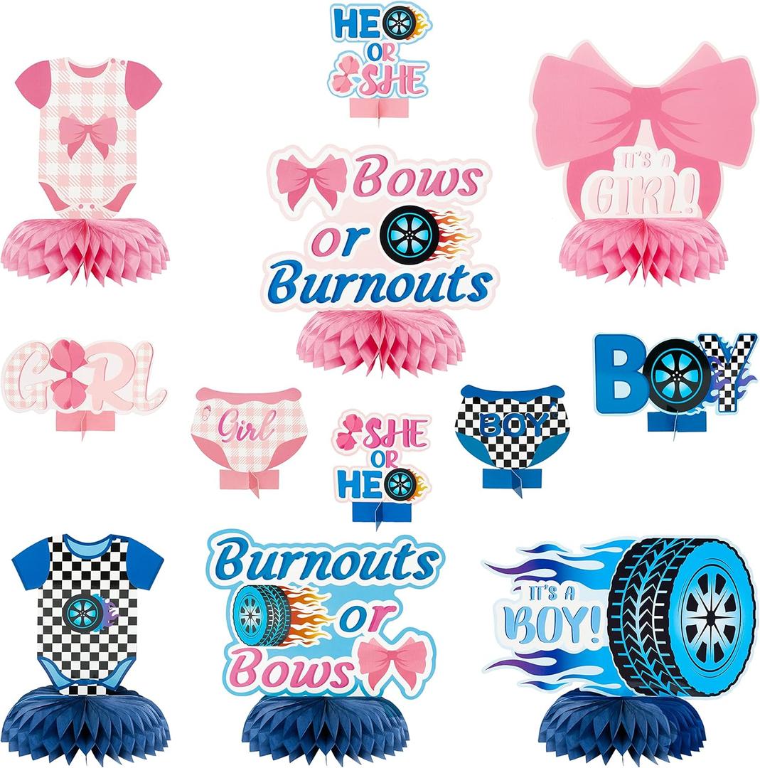 12Pcs Burnouts or Bows Gender Reveal Party Honeycomb Centerpieces Table Toppers for Boys Girls Blue and Pink Car Wheel Bow Tie Party Decoration Supplies for He or She Gender Reveal Baby Shower
