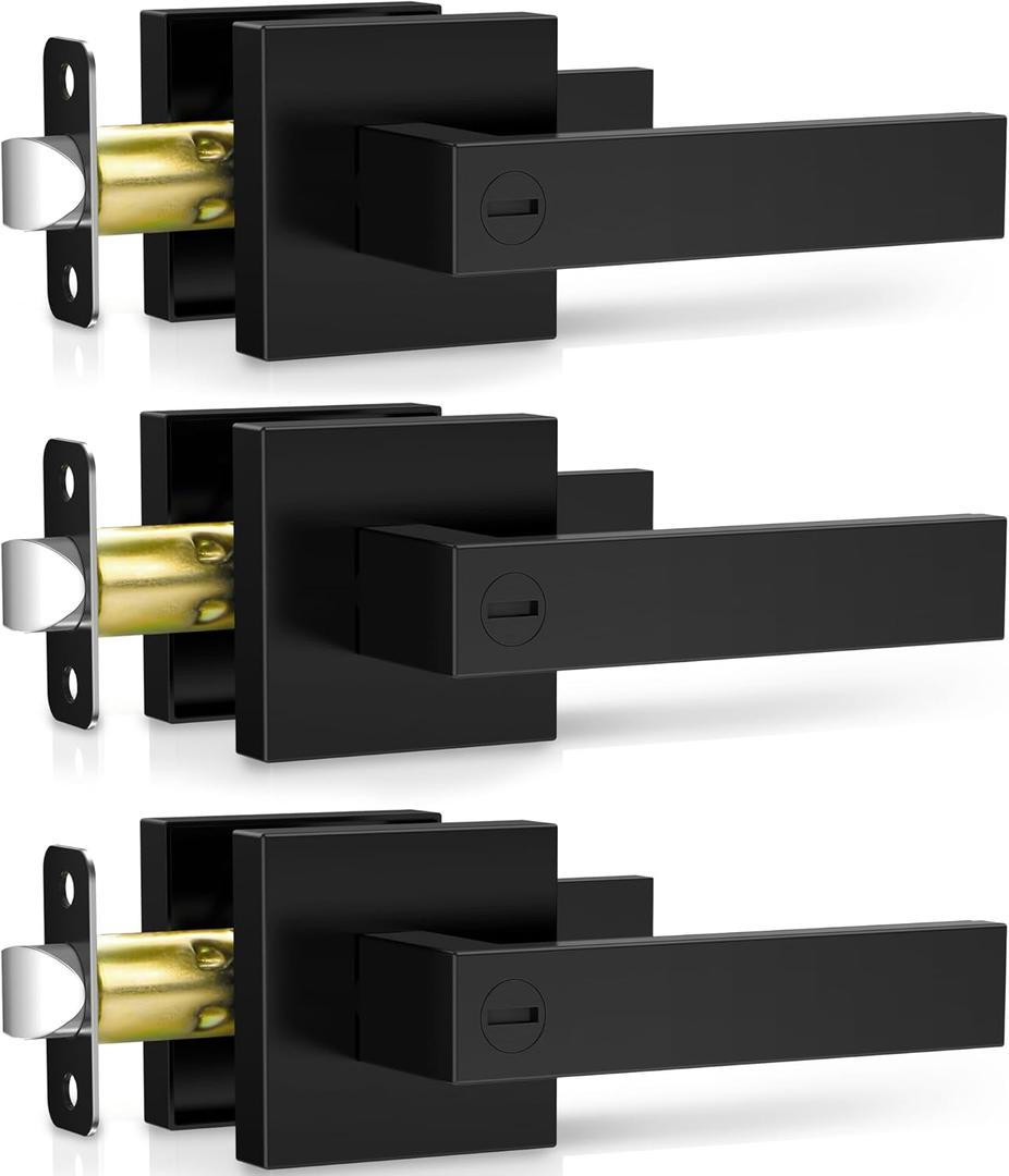 Plustool 3 Pack Matte Black Door Handles, Keyless Interior Door Knobs, Privacy Door Lever Locksets for Bedroom Bathroom, Heavy Duty Square Door Lock, Reversible for Left&Right Handled Doors