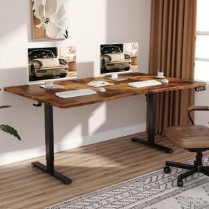 Veken 63 x 28 Inch Electric Standing Desk, Sit to Stand Up, Work Home Office Computer Table for Study, Walking Pad, Writing, and Games, Wooden Desktop Desks, Brown