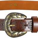 Western Cowgirl Belts for Women Brown Leather Belt for Jeans with Vintage Country Cowboy Buckle