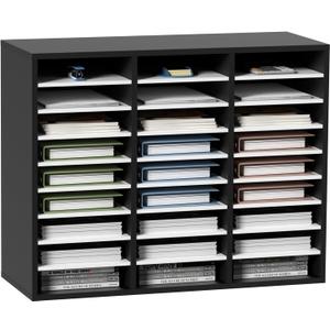 VEVOR 27 Compartments Wood Literature Organizer, Adjustable Shelves, Medium Density Fiberboard Mail Center, Office Home School Storage for Files, Documents, Papers, Magazines, Black+White