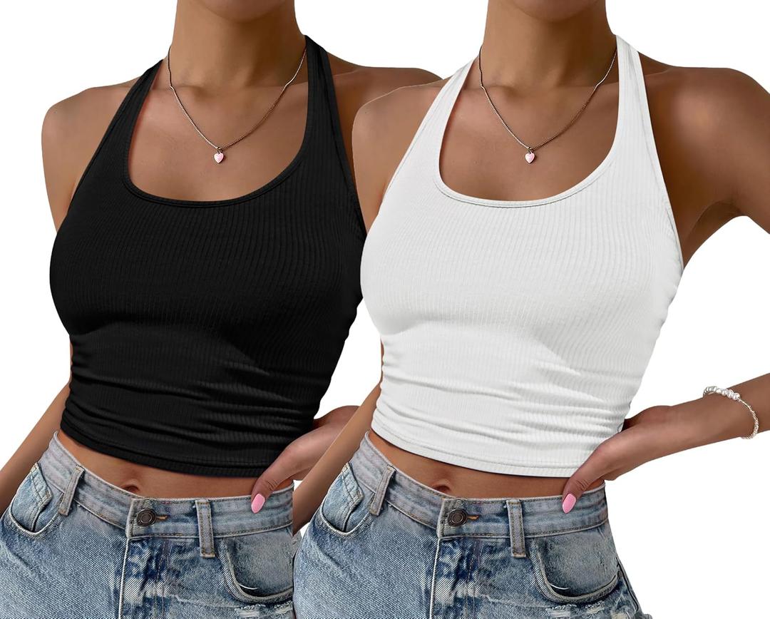 Ekouaer Women Halter Top Slim Stretchy Ribbed Knit Camisole Crop Black+White S