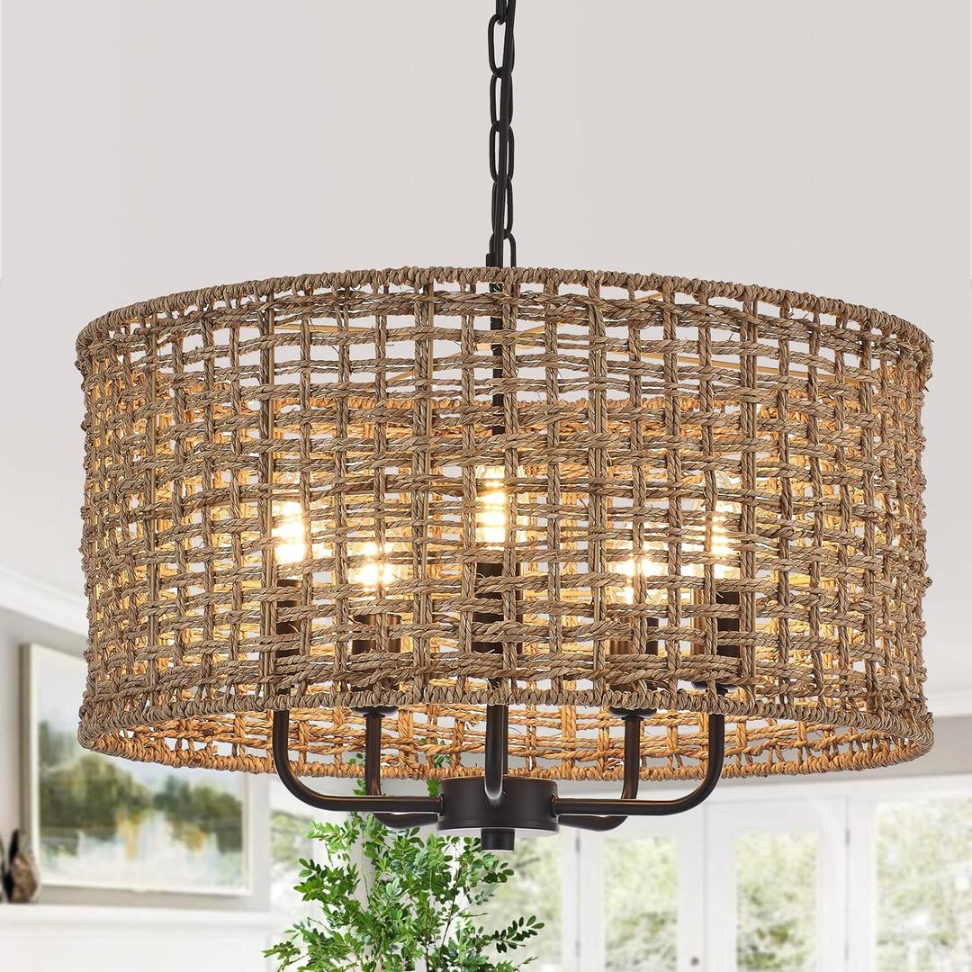 Hand-Woven Rattan Chandelier Vintage Farmhouse Boho Bamboo Chandeliers Light Fixture Rustic Retro 5-Lights Drum Wicker Rattan Black Chandelier for Dining Room, Kitchen, Living Room, E12 (Black 19.7")