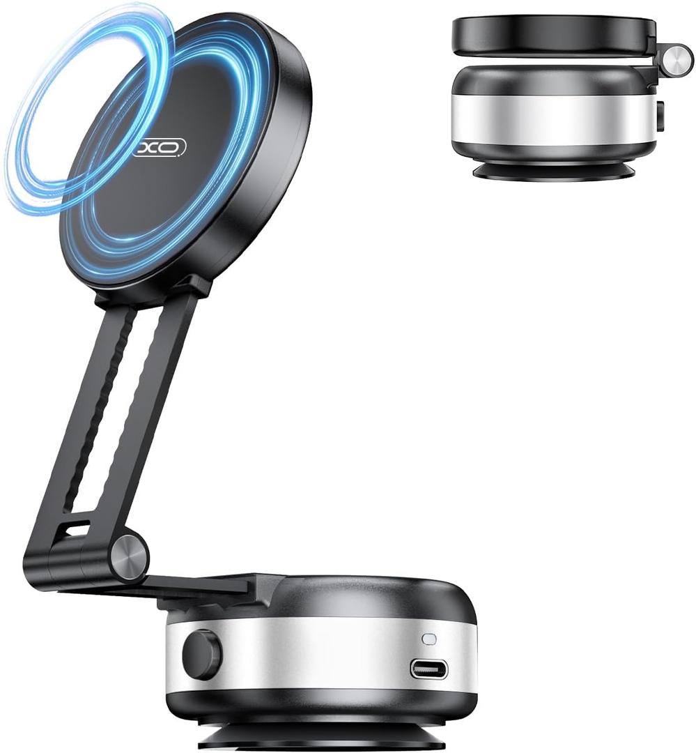 Vacuum Suction Magnetic Car Phone Holder, Electric Magnetic Car Phone Holder Mount Foldable Adjustable Car Mount for iPhone12-16,Mirror/Glass/Screen/Smooth None Porous Surface (Not Charge Phone) (Silver)