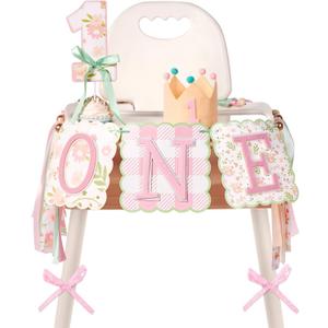 Wild Flower High Chiair Banner Wild One Birthday Decorations with 1st birthday Cake Toppers For Baby Girls Pink Party Decoration Highchair Garland Photo Props