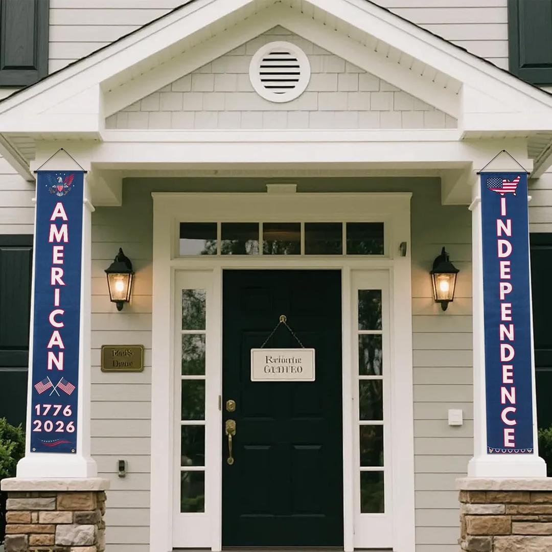 4th of July Decorations Outdoor, Patriotic Porch Banners for Independence Day, 250th Anniversary 1776-2026 Hanging Signs, American Independence Front Door Decor, USA Birthday Decorations Indoor Outdoor, 2 Pack