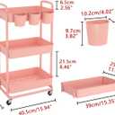 JIUYOTREE 3-Tier Plastic Rolling Storage Cart Utility Cart with Extra Hanging Cups Handles Lockable Wheels for Living Room Bathroom Kitchen Office Pink