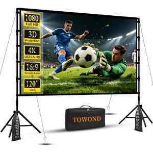 TOWOND 120 Inch Outdoor Projector Screen with Stand, Bolded 25mm Bracket | Thick 25mm sectional frame balances strength and fast setup; includes 6 ropes, 6 stakes and 2 sandbags.