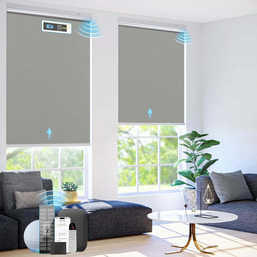 Motorized Blinds with Remote ControlSolar Panel Included 100% Blackout Smart Roller Blinds Automatic Blinds for Windows Cordless Electric Shades Compatible with Alexa Tin Grey,35" W*72" H (35"W x 72"H, B-grey)