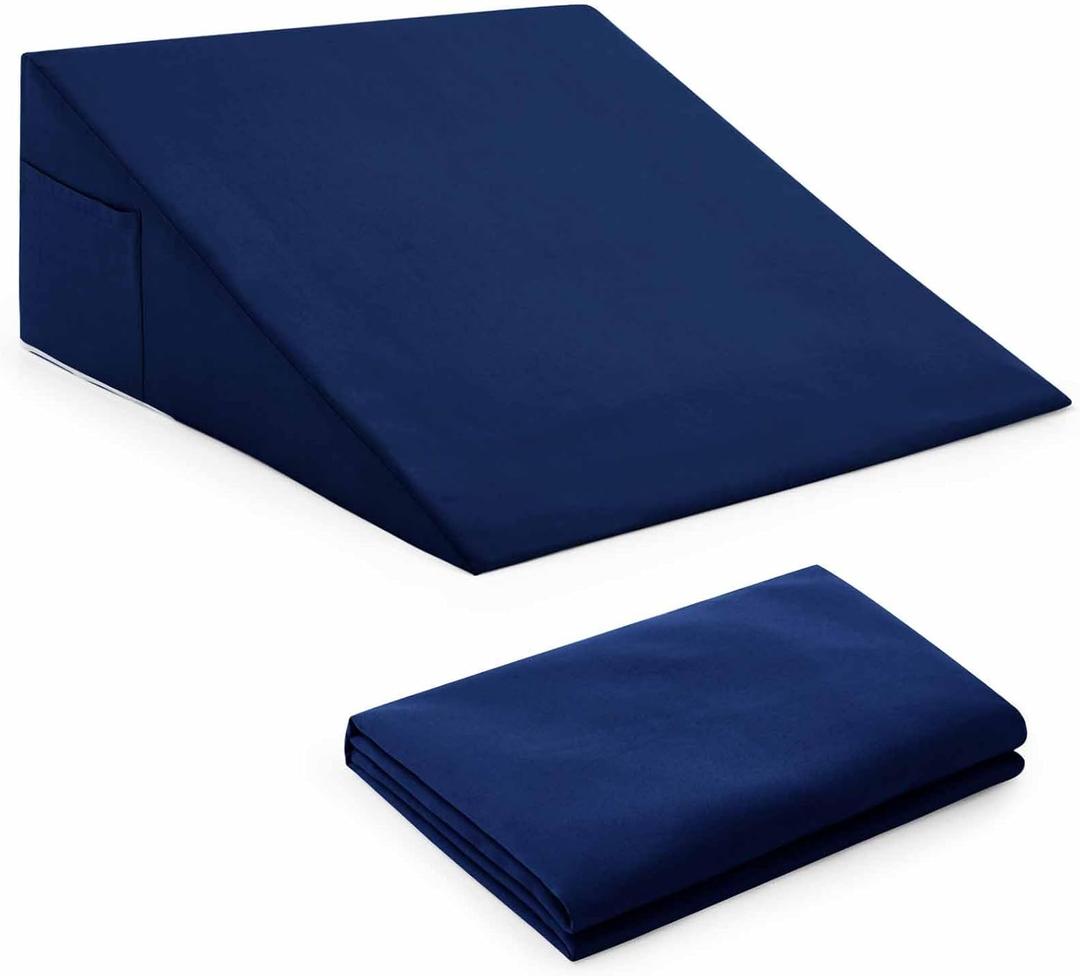Horbaunal Navy Blue Bed Wedge Pillow Cover with Zipper Design, Wedge Pillowcase Protector with Side Pocket for Storage, 26" L x 25" W x 7.5" H (Pillow Not Include)