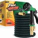 Flexi Hose with 8 Function Nozzle, 100FT - Lightweight Expandable Garden Hose, No-Kink Flexibility, 3/4 Inch Solid Brass Fittings and Double Latex Core - Black and Green